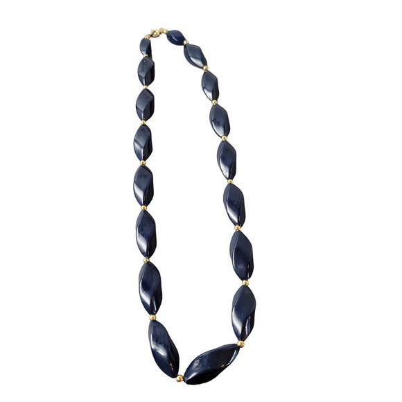 Vintage Trifari Navy Blue Twisted Bead Necklace 24" Gold Clasp - Picture 6 of 9